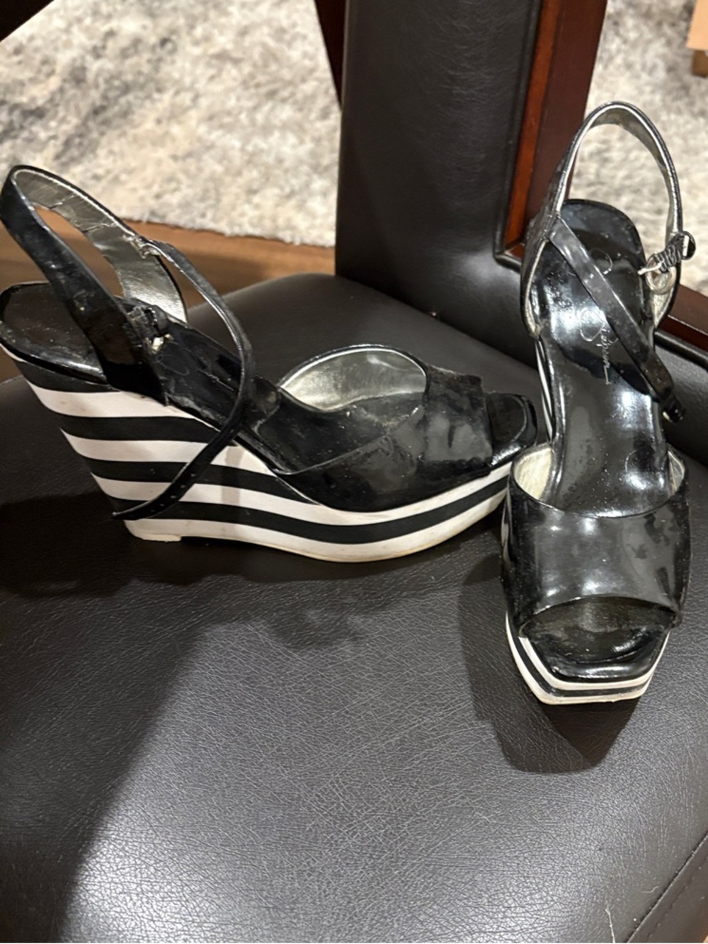 Jessica Simpson Black Patent Open-Toe Striped Wedge Sandals